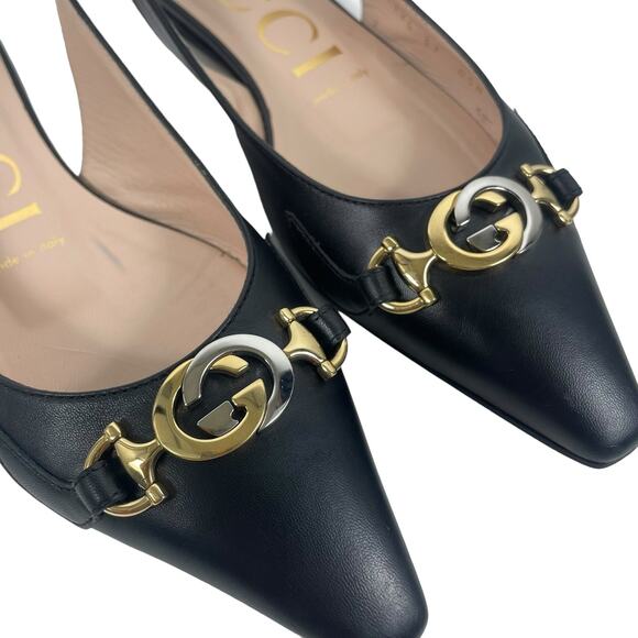 Gucci Zumi GG Interlocking Logo Pointed Toe Slingback Flats Black Size 37 - Picture 6 of 12